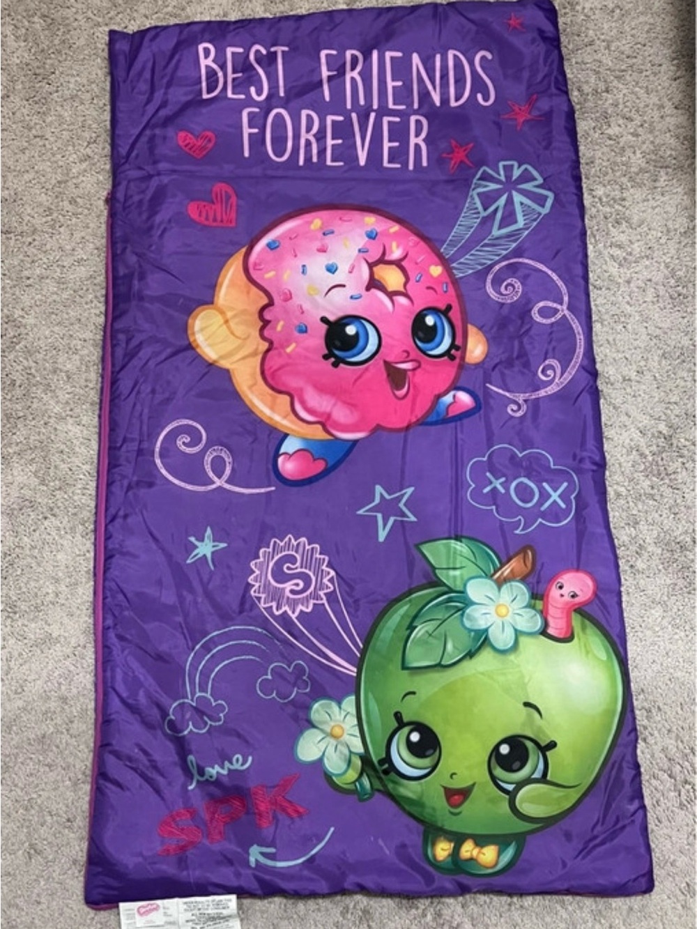 Kids Purple 'Best Friends Forever' Sleeping Bag with Donut & Apple Print